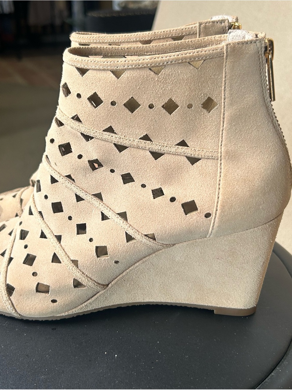 Michael Kors Beige Suede Laser-Cut Wedge Booties with Back Zip size 8.5